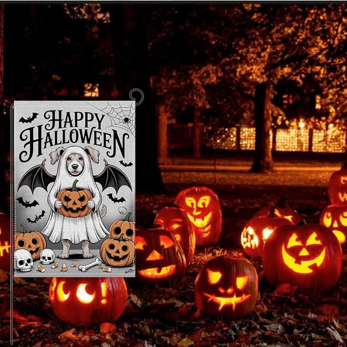 HTBIG Happy Halloween Garden Flag, Halloween Ghost Golden Retriever Dog Decor Flag, Yard Flags for Outside 12x18 inch, Outside Yard for Home Decorations