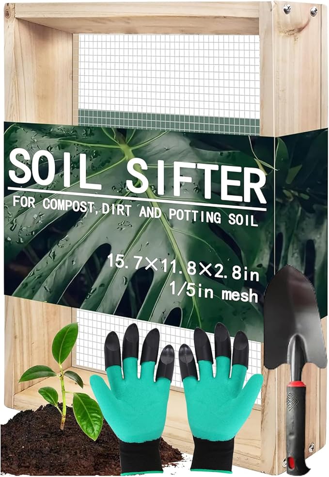 Soil Sifter,Dirt Sifter for Gardening Rock Sifter for Rocks Compost Sifter Wooden Sifting Screen,Garden Sieve for Pellet/Gravel/Soil/Leaves,Garden Tool 15.7" x11.8”x2.8” with 1/5” Mesh…