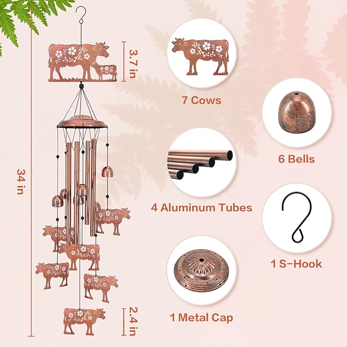 Cow Wind Chimes Outdoor Cow Gifts for Women/Men/Mom/Wife/Grandma Birthday Gifts Memorial Gift Metal WindChimes for Outside/Indoors, Lawn, Patio, Home, Porch, Yard Decor, Garden Decorations