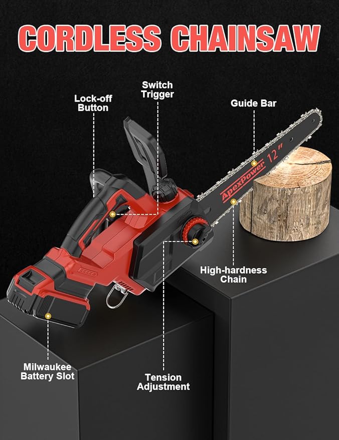 12 Inch Brushless Electric Chainsaw Cordless, Compatible with Milwaukee M18 Battery, Auto Oiler, 44.3 FT/S Powerful Cutting, Low Kickback, Battery Powered Chainsaw for Trees Pruning Wood Cutting