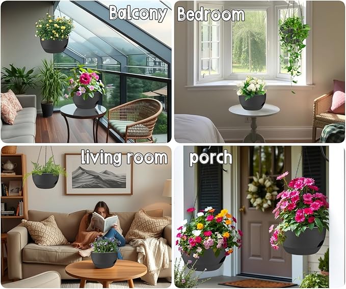 2 Pack 12 Inch Large Hanging Planters with Chains Self Watering Black Plastic Hanging Pots for Indoor Outdoor Plants, Garden Porch Home Decor,Black