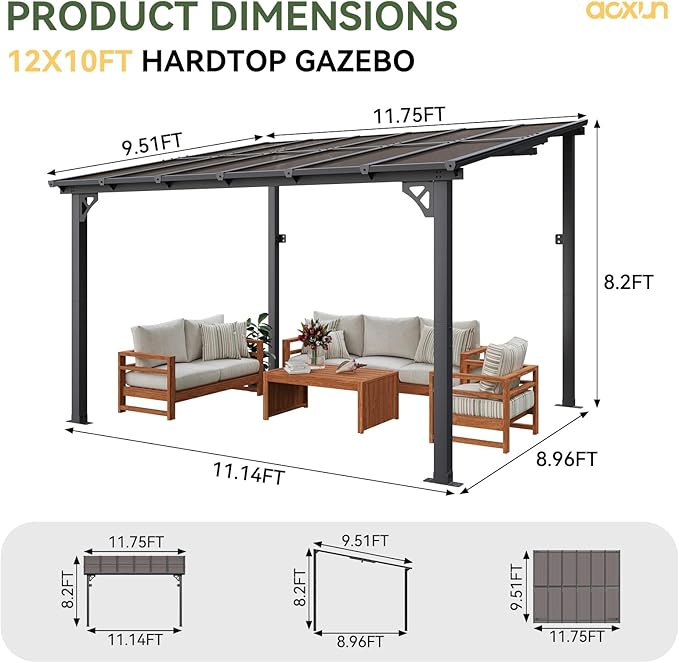 Aoxun 10' x 12' Gazebo for Patio, Gazebo Pergola with Sloped Roof, Large Wall-Mounted Heavy Duty Awnings, for Backyard, Deck, Patio (Gray Polycarbonate Panel)