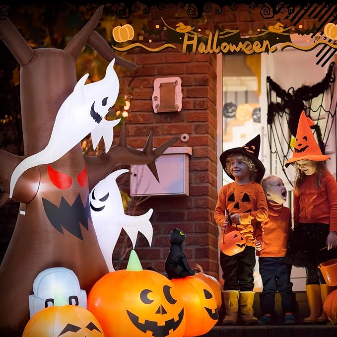 8FT Halloween Inflatable Dead Tree Outdoor Decorations with Ghosts & Pumpkins, Halloween Blow Up Yard Decoration with Build-in LEDs for Holiday/Halloween Party/Garden/Lawn