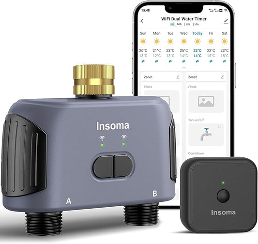 WiFi Water Timer 2 Zones, Smart Sprinkler Timer for Garden Hose, APP Remote Control, Voice Control, Rain Delay and Manual Mode for Yard Lawn Watering, Brass Inlet