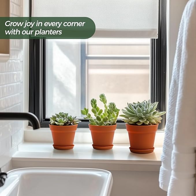 T4U 4 Inch Plant Pots 18-Pack - Small Plastic Planter with Drainage Hole and Saucer, Decorative Nursery Flower Pot Bulk for African Violet, Snake Plant, Succulent and All House Plants