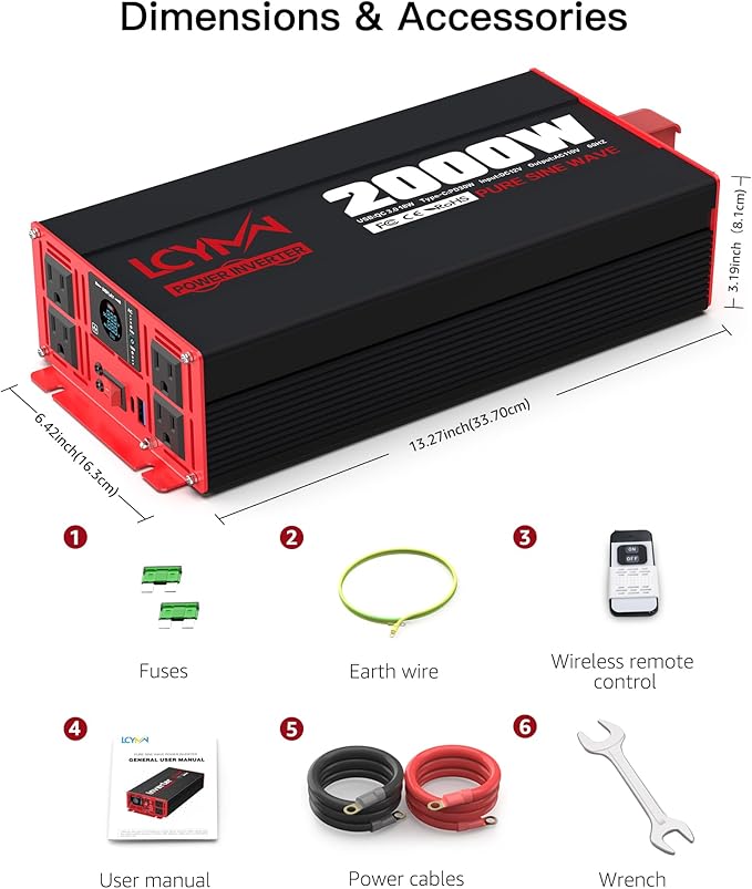 2000 Watts Pure Sine Wave Power Inverter 12V DC to 110V 120V AC Converter for Home RV Off Grid Truck Solar System Inverters with Type-C PD30W USB QC3.0 Port 4 AC Outlets LCD Display and Remote Control