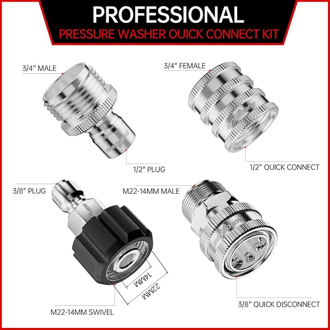 Pressure Washer Quick Connect Kit, Stainless Steel Pressure Washer Adapter Set, M22-14mm Swivel to 3/8" Quick Connect Fittings, 3/4 Inch Hose Fittings, 8 Pack