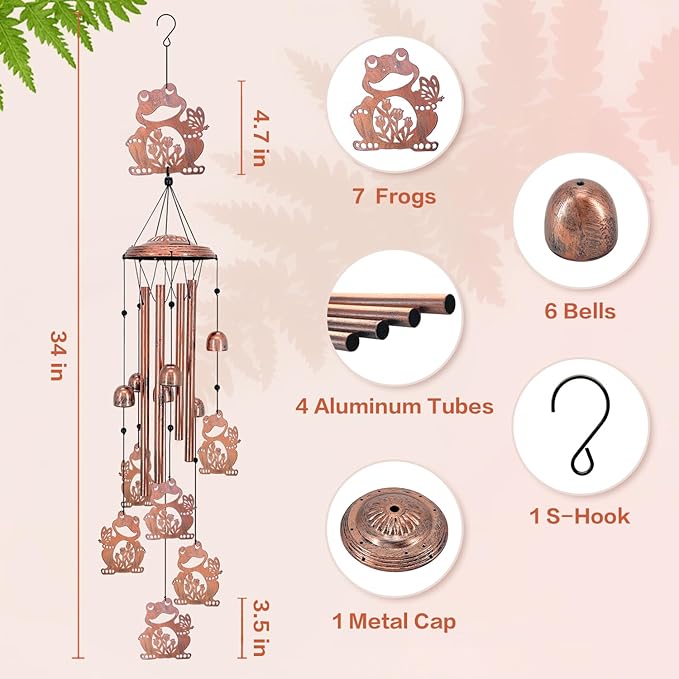 Frog Wind Chimes Outdoor Frog Gifts for Women/Men/Mom/Wife/Grandma Birthday Gifts Memorial Gift Metal WindChimes for Outside/Indoors, Lawn, Patio, Home, Porch, Yard Decor, Garden Decorations