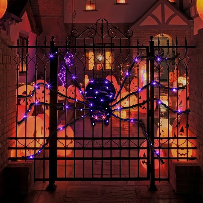 EAMBRITE Halloween Decorations Outdoor 5FT Bendable Scary Giant Spider with 83LT Purple Lights Black Fake Spider for Halloween Indoor Outdoor Yard Home Parties Creepy Décor