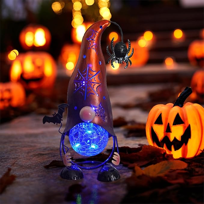 Halloween Decorations Outdoor Gnome Solar Lights, Color Changing LED Lights with Spider Web Hollowed-Out Hat, Spooky Halloween Outdoor Decorations for Garden, Patio, Yard, Pathway (Pumpkin)