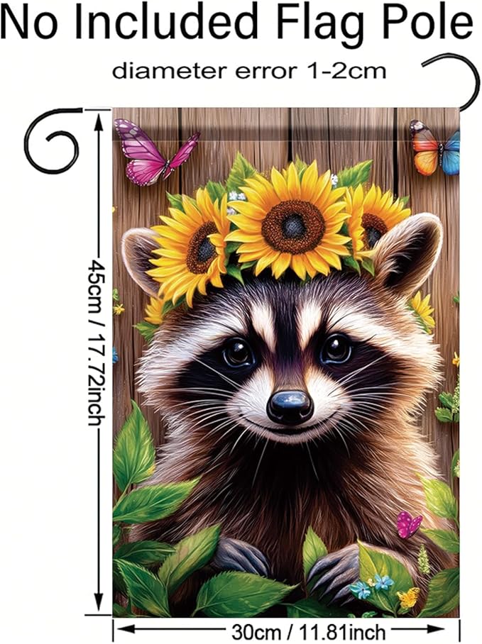 Summer Spring Garden Flag 12x18 Inch Double Sided Cute Raccoon Sunflower Crown Summer Yard Decoration Outdoor Rustic Banner for Porch Lawn Butterfly Floral Farmhouse Seasonal Decor