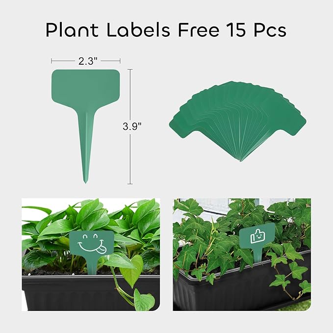 GROWNEER 6 Packs 17 Inches Black Flower Window Box Plastic Vegetable Planters Long Pots with 15 Pcs Plant Labels for Outdoor Indoor Windowsill, Patio, Garden, Home Decor, Porch