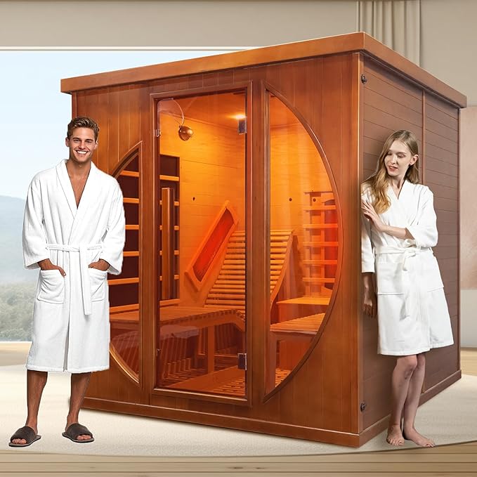 Smartmak Full Spectrum Infrared 2 Person Sauna Room, Red Light Therapy Luxury Wood Home Sauna with Recliner, Canadian Red Cedar Indoor Dry Saunas Spa, 3400W with 10 Heaters, Speaker, Light, Oxygen Bar