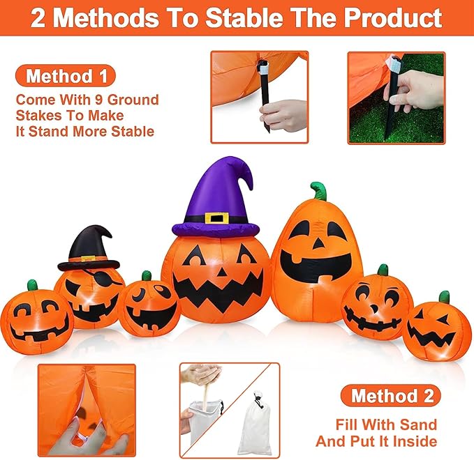 12 Ft Long Halloween Inflatables Pumpkins Outdoor Yard Decoration, 7 PCS Blow up Pumpkins and 2 Witch Hats Built-in LED Lights for Home Holiday Party Lawn Patio Outside