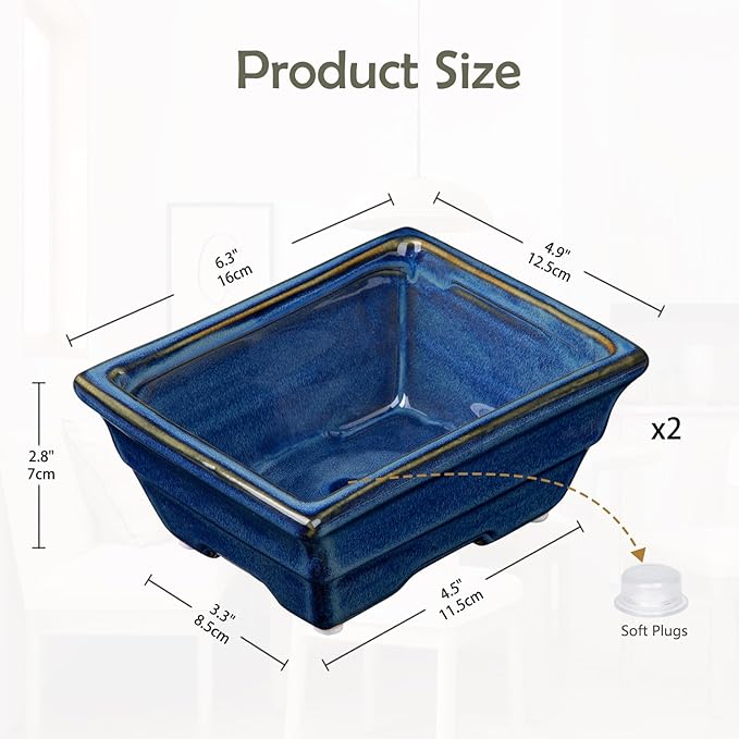 Bonsai Pots Shallow Succulent Planters for Live Bonsai Trees Set of 2, 6.3" Ceramic Pot for Succulents Indoor with Drainage Hole, Outdoor Cactus Plant Bonsai Pot,Ceramic Flower Pot