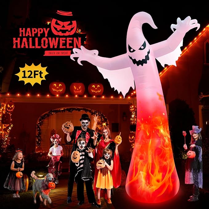 12FT Giant Halloween Inflatables Ghost with 3-Colored Flame Rotation LED Lights, Huge Spooky Halloween Decoration Outdoor Large Halloween Blow Up Yard Decorations Tall Blow-ups for Lawn Party (1PCS)