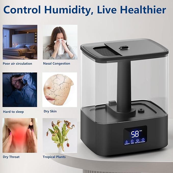 KZF 6L Top Fill Humidifiers for Bedroom & 60H Runtime - Cool Mist Humidifier, 3 Mist Levels, 8H Timer, Essential Oil Tray, Humidity Display, Quiet for Bedroom, Baby, Plants, Large Room