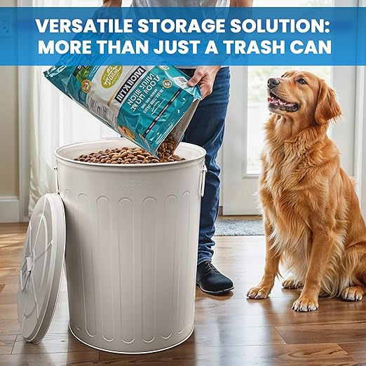 Plexon Large Metal Trash Can with Lid 20 Gallon, Decorative Outdoor Trash Can, Heavy Duty Galvanized Metal Bucket with Lid for Kitchen Garage Farmhouse, Beige, 3 Pack
