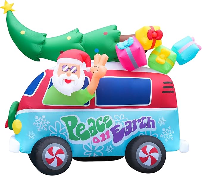 Holidayana Christmas Inflatables Large 8ft Tall Santa Hippie Van - Inflatable Outdoor Christmas Decorations Blow Up X-mas Decorations for Yard, Lawn & Garden Internal Lights & Built-in Fan
