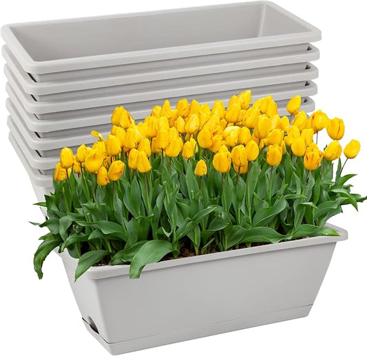 8pcs Window Box Planter, 17 Inches Flower Window Boxes, Rectangle Planters Box with Drainage Holes and Trays, Plastic Vegetable Planters for Windowsill Patio Garden Home Decor Porch Yard (Grey)