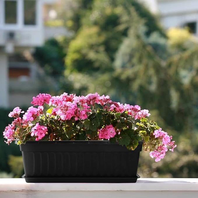 Fasmov 7 Pack 17 Inches Flower Window Box Plastic Vegetable Planters with Trays Vegetables Growing Container Garden Flower Plant Pot with 7 Pcs Plant Labels for Balcony, Patio, Garden, Black