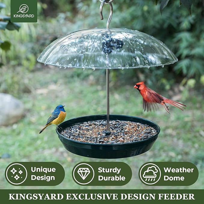 Kingsyard Adjustable Platform Bird Feeder for Outdoors Hanging, Metal Tray Bird Feeder with Dome Top, Attract Bluebirds Cardinals Goldfinches (Green)