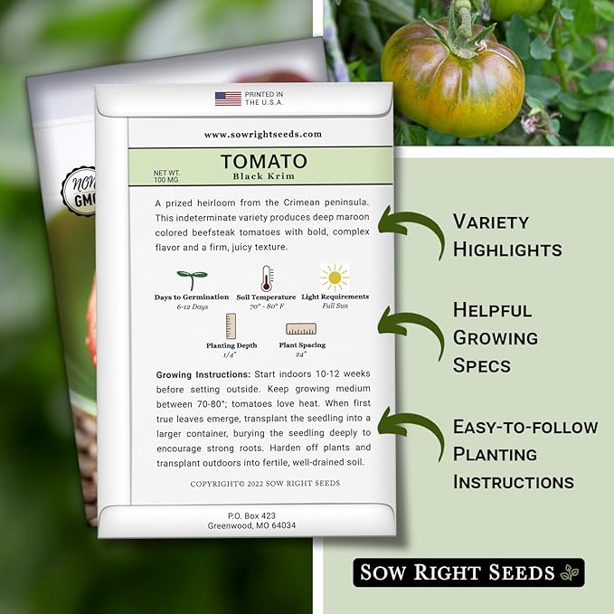 Sow Right Seeds - Black Krim Tomato Seeds for Planting - Medium Dark Maroon Beefsteak - Non-GMO Heirloom Tomato Seeds - Instructions to Plant a Home Vegetable Garden - Indeterminate Variety (1)