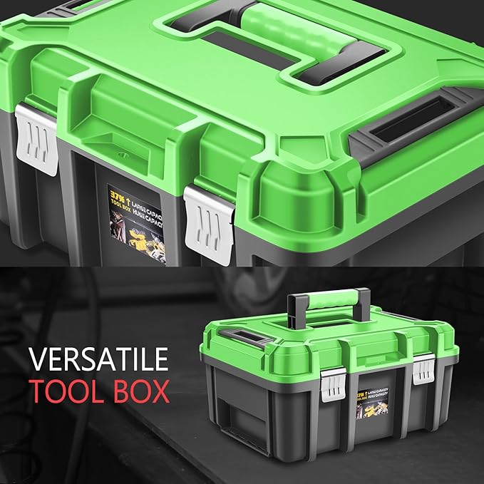 DNA MOTORING 2pcs Tool Boxes Set - Lockable Organizer Storage Portable Toolbox with Removable Tray for Workshop Garage & Household, Large Capacity, TOOLS-00310-GR