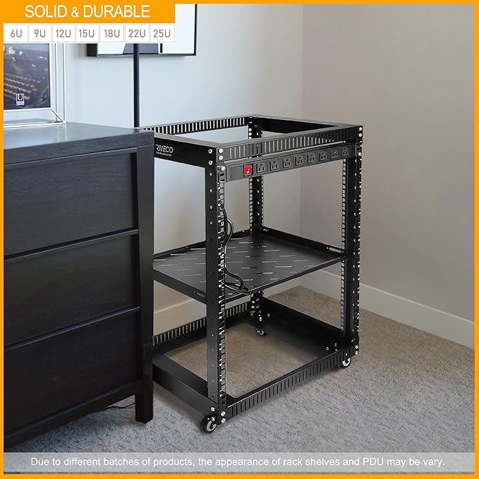 RIVECO 9U Open Frame Server Rack with Wheels + PDU (8 Outlets) Power Strip Surge Protector (1u Rack Shelf 1pcs +PDU)