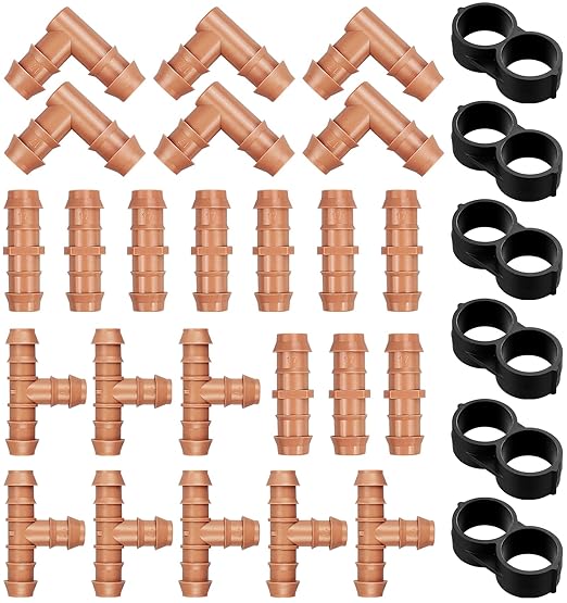30 Pieces Drip Irrigation Kit:Drip Irrigation Parts for 1/2 Inch Drip Irrigation Tubing with 17mm 0.600" ID Drip Line Fittings Barbed Connectors Including 10 Couplings 8 Tees 6 Elbows 6 Plugs