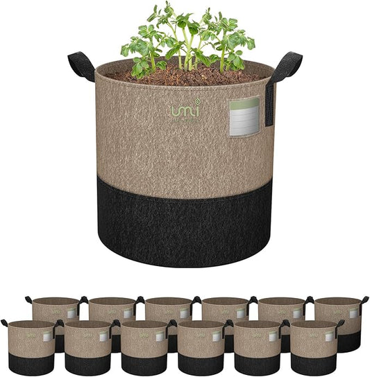 UMIG 12 Pack 7 Gallon Grow Bags, 300G Thick Non-Woven Fabric Cloth Smart Planter Pots with Handles, Black Camel Large Outdoor Garden Bags for Plants, Vegetable, Flowers