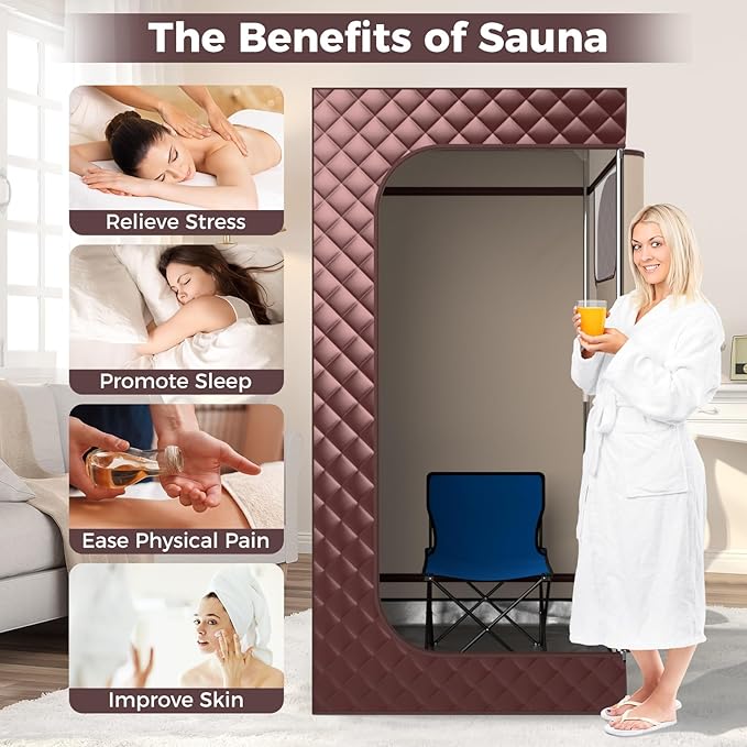 COSTWAY Portable Steam Sauna, Personal Home Sauna Tent w/ 3L Steam Generator, Foldable Chair, Remote Control, 9-Level Adjustable Temperature, Timer, Full-Size Indoor Steam Room for Home Spa (Coffee)