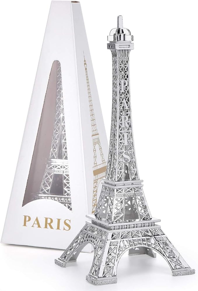 ESHATO Silver Metal Eiffel Tower Statue, 7inch Decorative Figurine Replica Stand Holder for Cake Topper Table Decor Gift Party Home Decoration