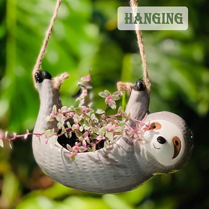 Sloth Hanging Planters for Indoor Outdoor Plants Cute Succulent Cactus Pots Ceramic Flower Pot Holder Gardening Gifts for Women Plant Lovers Gardeners Mom
