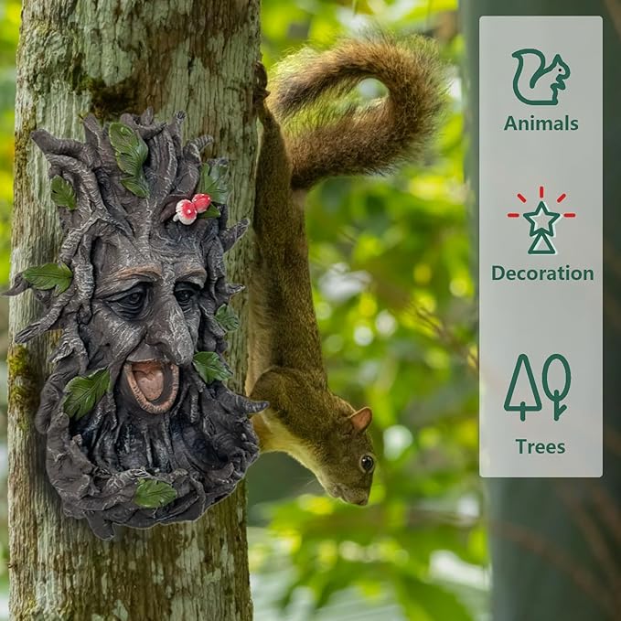 Tree Face Sculpture, Funny Old Man Tree Hugger Statue, Creative Props & Unique Animal Feeder for Indoor & Outdoor Garden, 11.5" x 7.5" x 3.5"