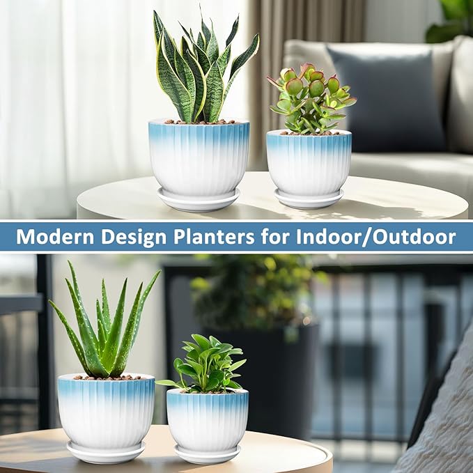 6.7 + 5.5 Inch Plant Pot, Ceramic Planter with Drainage and Saucer, Ceramic Pots for Plants, Indoor Plant pots,Ceramic Flower pots(Blue + White, Plants NOT Included)