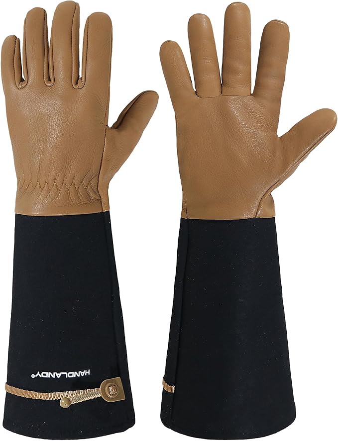HANDLANDY Long Gardening Gloves for Men & Women, Cowhide Leather Rose Pruning Gloves, Breathable Thorn Proof Gauntlet Gloves (Brown-Cowhide, M)