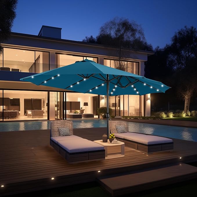 GREEN PARTY 15 ft Rectangle Patio Umbrella with Solar Lights and Base Included, Double-Sided Market Table Umbrella with Crank, Large Outdoor Umbrellas for Patio Poolside Garden Backyard, Cerulean