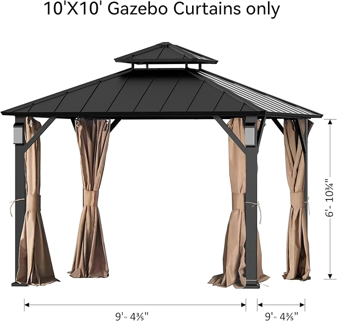 Gazebo Curtain Replacement Universal 4-Panel Sidewalls 10' x 10', Outdoor Gazebo Privacy Curtains with Zipper, Replacement for Outdoor, Patio Canopy, Garden and Backyard (Curtain Only)