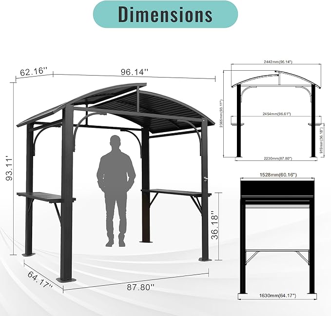 Domi 8x5FT Hardtop Grill Gazebo, Outdoor BBQ Gazebo with 2 Side Shelves and Bottle Opener, Outdoor Grill Canopy with Galvanized Steel Double Roof for Patio Lawn Backyard Deck, Grey