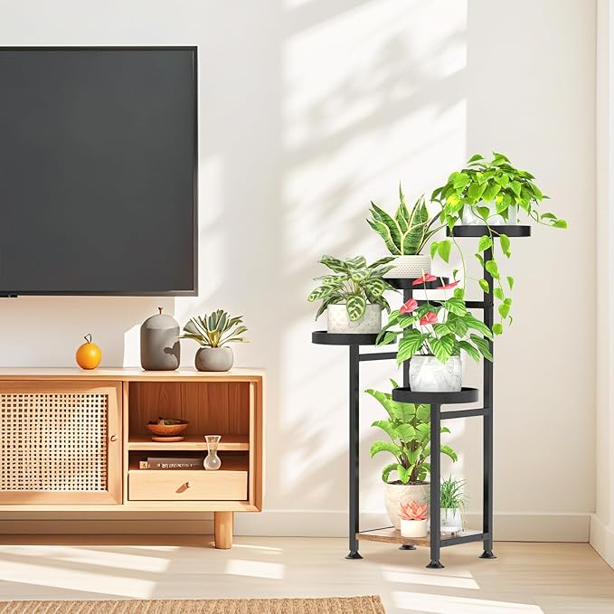 LASZOLA 5 Tiered Black Plant Stand Indoors for Multi Larger Heavy Duty Planter, Sturdy Flowers Rack for Narrow House Inside, Decorate for Herb Tree, Metal Ladder Shelving with Wood Base, Space Saving