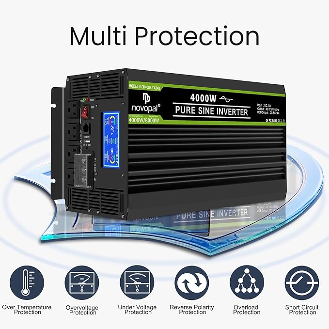 NOVOPAL 4000 Watt Pure Sine Wave Power Inverter DC 24V to AC 110V 120V Rv Inverters with 4 AC Outlets,High Power Terminal-16 ft Remote Control, LCD Display for Truck, Hurricane, Home