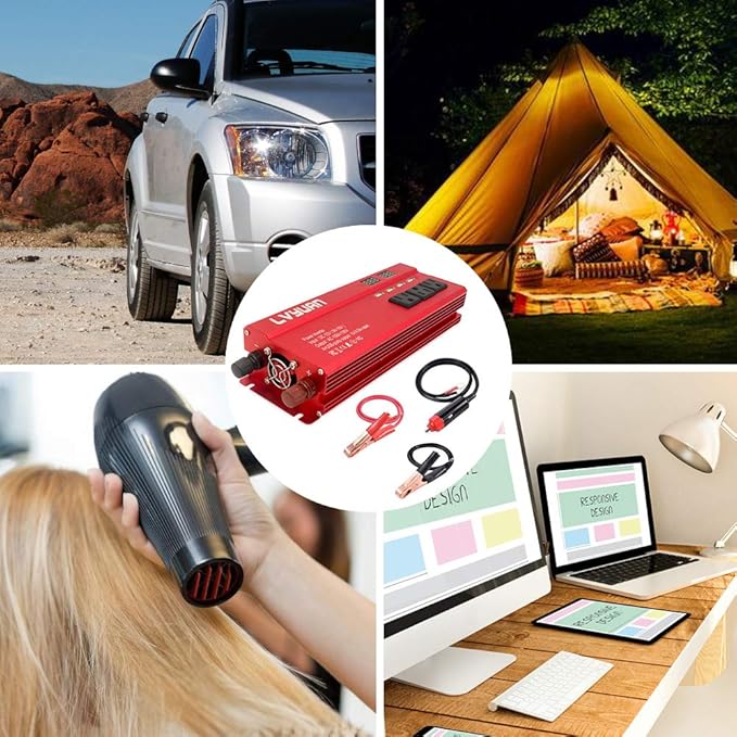 Yinleader Car Power Inverter 1000W/2000W(Peak) DC 12V to 110V AC Converter with Intelligent LED Display 4 AC Outlets 4 USB Charger for RV Caravan Truck Laptop(Red)