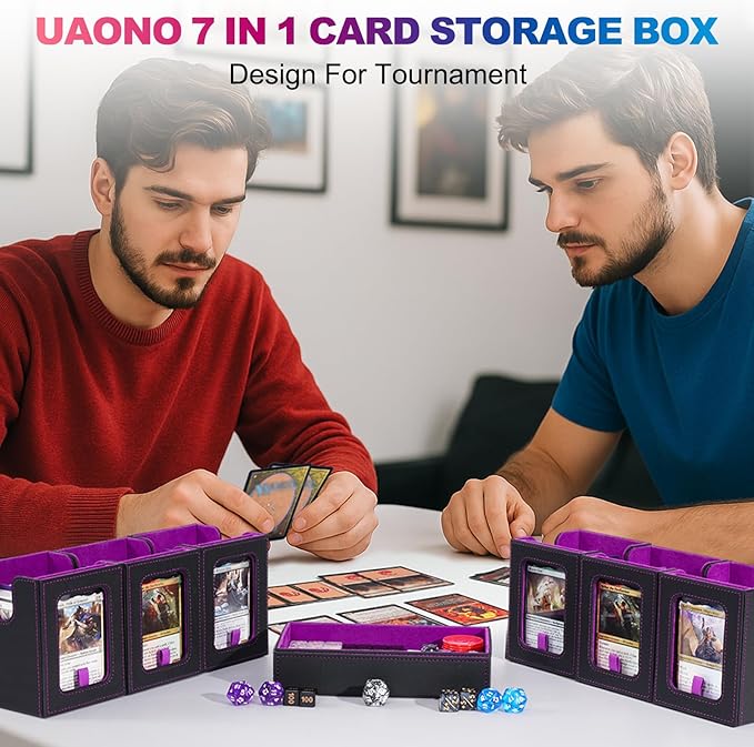 Commander Deck Box for MTG, 6-Deck Modular Card Case with Dice Tray Holds 600+ Double-sleeved Cards, Removable Trading Cards Storage Box with 35PT Magnetic Card Holders for TCG, Black Purple