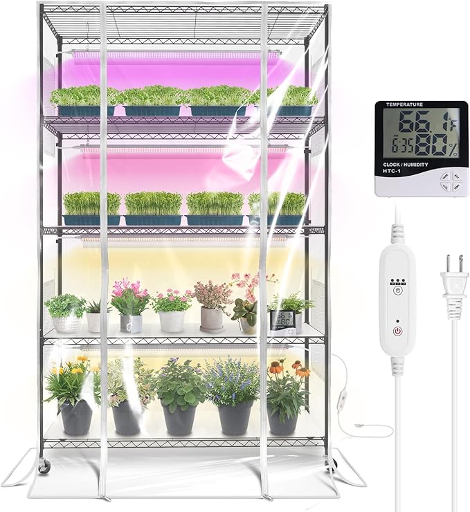 Bstrip Indoor Greenhouse with Grow Light, Tall Plant Stand with 4 Pack Full Spectrum Plant Lights , 3 Color Modes, Plant Shelf with Tent for Indoor Plant, Seed Starting, Seed Tray, 47.2"x17.8"x71"
