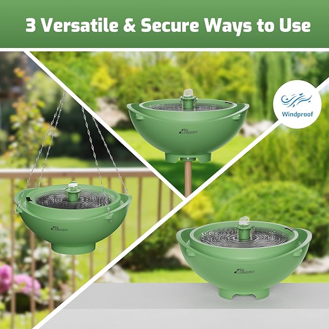 Solar Bird Bath Fountain with Battery, 3-in-1 Hanging & Freestanding Birdbath with Low-Water Protection & 3 Nozzles for Garden, Patio Decor (Forest Green)