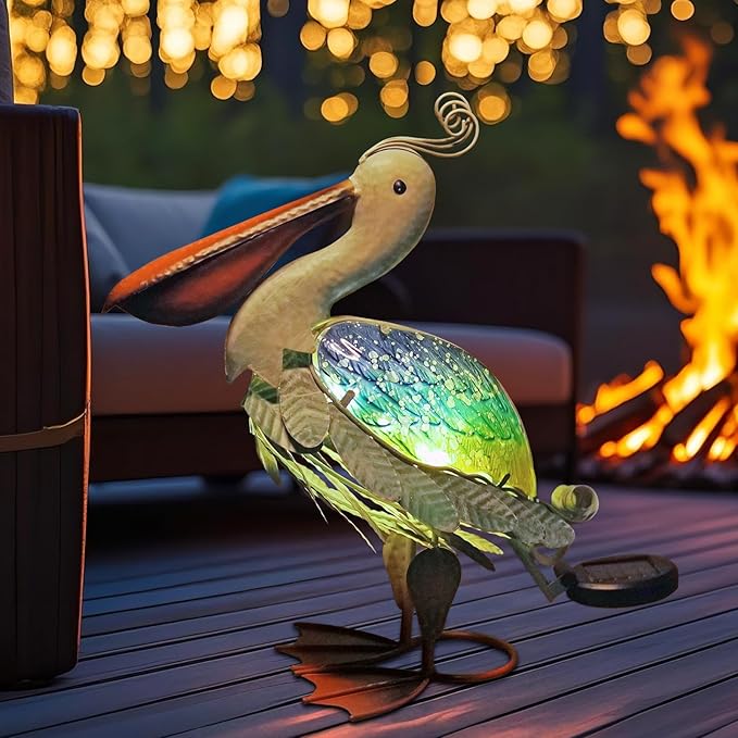 HONGLAND Solar Metal Pelican Statues Garden Sculpture & Statues, 17 Inch Glass Outdoor Pelican Yard Art Coastal Ocean Bird Decor Lawn Ornament for Backyard Porch Patio Decor(Blue-Green)