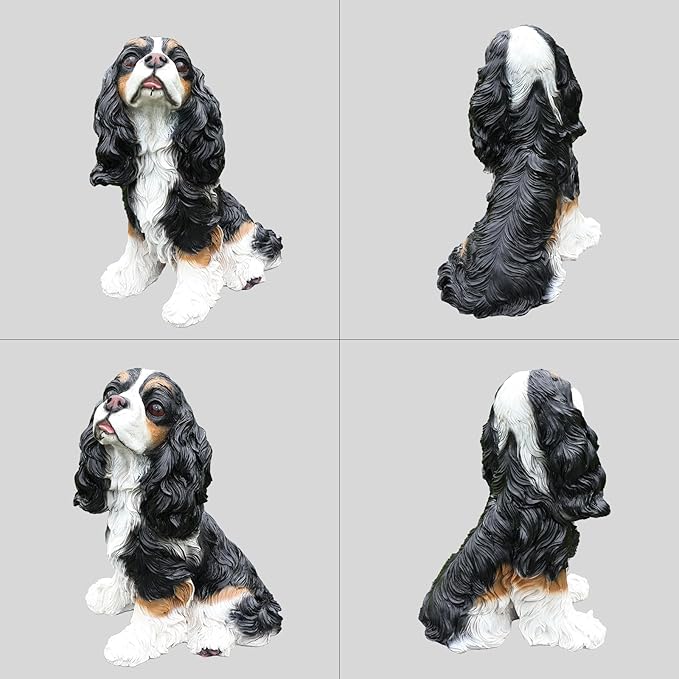 Cavalier King Charles Spaniel Statue Outdoor Decorations – Outdoor Dog Statue Black and White Cavalier King Charles Spaniel with Replaceable Solar Light & Welcome Sign for Lawn Décor