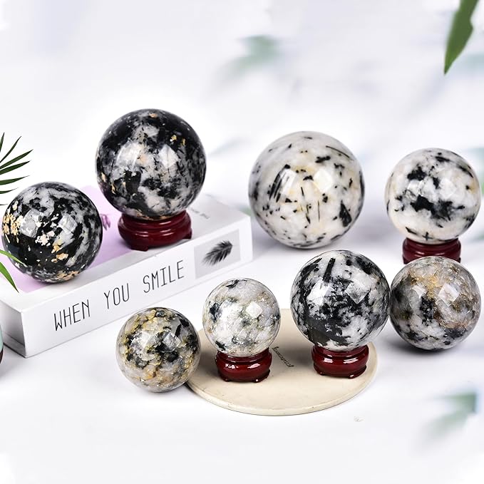 JIC Gem Black and White Tourmaline Crystal Sphere with Wooden Stand,Decorative Crystal Ball Black&White Gemstone Sphere for Meditation,Feng Shui,Witch-Style Decor,Office Table Decorations 70-80mm