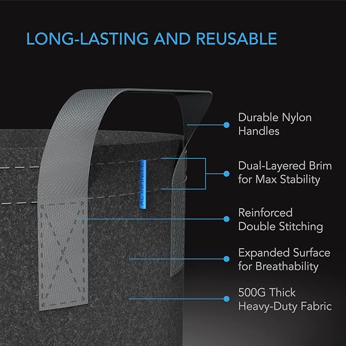 AC Infinity Heavy Duty Fabric Pots, 3 Gallon Aeration Reusable Grow Bags 5-Pack with 500G Thick Nonwoven Fabric and Multi-Purpose Rings, for Low Stress Plant Training Fruits, Vegetables, and Flowers